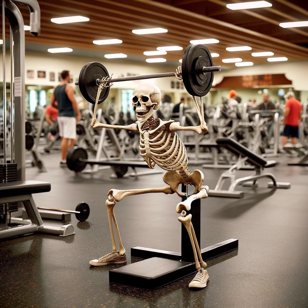 A skeleton trying to lift weights at the gym, but the weights are floating in the air since it has no muscles to actually hold them. The gym is filled with equipment and mirrors, reflecting the skeleton's futile effort. The skeleton is positioned as if straining to lift, showing determination despite the impossibility of the task. Other gym-goers are present but blurred in the background, focusing the scene on the skeleton's humorous predicament. The caption says, "Me at the gym, wondering why nothing's changing." This image creatively plays on the idea of working out with no visible results, using the skeleton as a metaphor for feeling like progress is elusive, despite efforts.