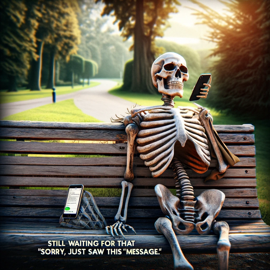 A skeleton sitting on a bench in a park, staring intently at a phone, with a message screen visible showing a sent message with no reply. The park is peaceful, with trees and a path indicating a serene environment, contrasting the skeleton's impatient wait for a response. The skeleton's posture suggests a mix of hope and resignation, capturing the universal feeling of waiting for communication that may never come. The caption reads, "Still waiting for that 'Sorry, just saw this' message." This image humorously reflects on the experience of waiting for a reply to a message, highlighting the tension between expectation and reality in digital communication.