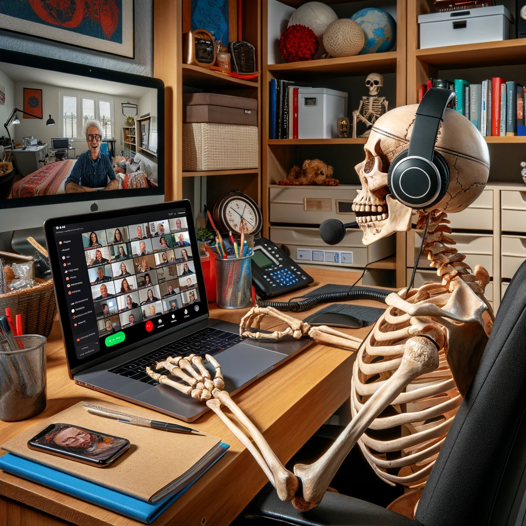 A skeleton wearing headphones, sitting in front of a laptop with a Zoom meeting on the screen, in a well-organized home office. The skeleton appears engaged in the meeting, nodding along to the discussion, with various work-related items and personal touches visible around the room. The screen displays a virtual meeting interface with several participants, implying a typical work-from-home scenario. The caption reads, "When you've been in quarantine so long, you start blending in with your home office." This image humorously reflects on the extended periods of remote work and how it has become a new normal, blending personal and professional spaces.