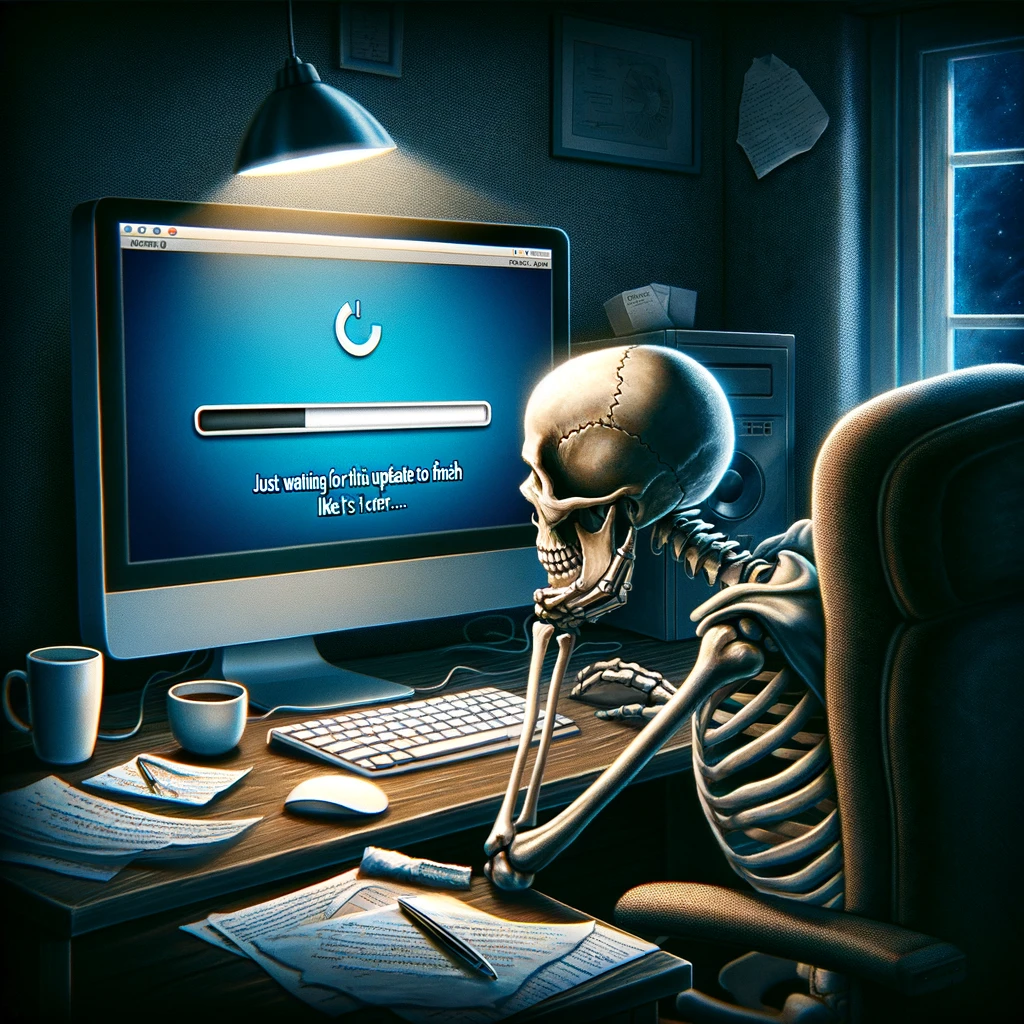 A skeleton sitting in front of a computer, watching a progress bar that hasn't moved on the screen. The room is dimly lit, emphasizing the skeleton's focus on the screen, where a window shows an update progress bar stuck at a certain percentage. The skeleton appears to be waiting patiently, yet with a hint of frustration, as if it's been there for an eternity. Surrounding the desk are scattered notes and cups of coffee, indicating long hours spent in front of the computer. The caption says, "Just waiting for this update to finish like it's the 21st century." This image captures the universal annoyance of waiting for software updates, humorously exaggerated by the skeleton's eternal wait.