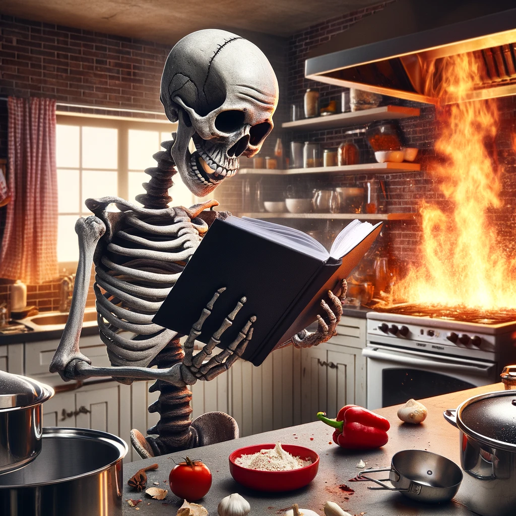 A skeleton standing in a kitchen, looking puzzled at a cookbook, with flames visible in the background. The kitchen is in disarray, with pots, pans, and ingredients scattered around, suggesting a chaotic cooking attempt. The skeleton's expression, as much as a skeleton can have one, suggests a mix of confusion and surprise at the culinary disaster unfolding behind it. The caption jokes, "When you try to cook a meal without setting the kitchen on fire." This image captures the humorous side of kitchen mishaps, exaggerating the challenge of cooking with a playful nod to those who find culinary endeavors to be a bit out of their depth.