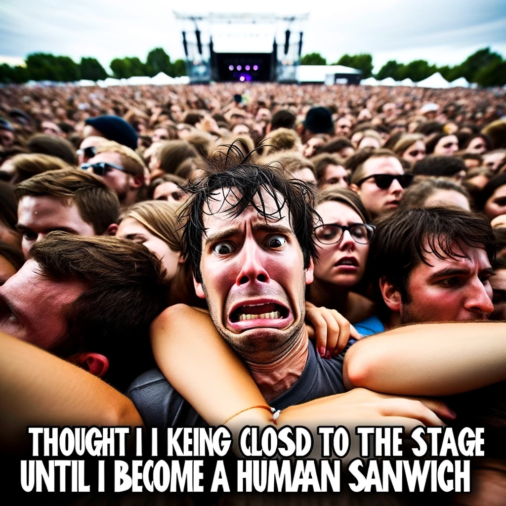 A person looking panicked and squished in a tight crowd at a concert, with an expression of surprise and discomfort. The crowd around them is densely packed, with everyone trying to get closer to the stage. The person is trying to push their way through the crowd, looking for some space. A caption above the image reads, "Thought I liked being close to the stage until I became a human sandwich." The scene is set in an outdoor concert with a stage visible in the background.