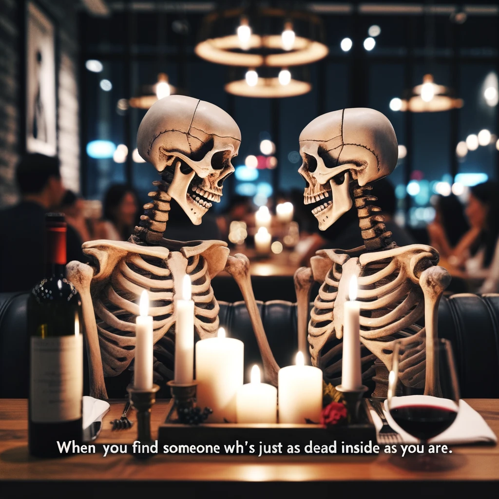 Two skeletons sitting at a restaurant table, looking into each other's eye sockets in a romantic setting. The table is nicely set with candles, a bottle of wine, and two glasses, creating an intimate atmosphere. The restaurant background is blurred out, focusing on the skeletons' connection, suggesting a deep, if humorous, bond between them. The caption reads, "When you find someone who's just as dead inside as you are." This image plays on the idea of finding a kindred spirit, using the skeleton motif to humorously express the feeling of connection with someone who shares a similar outlook on life.