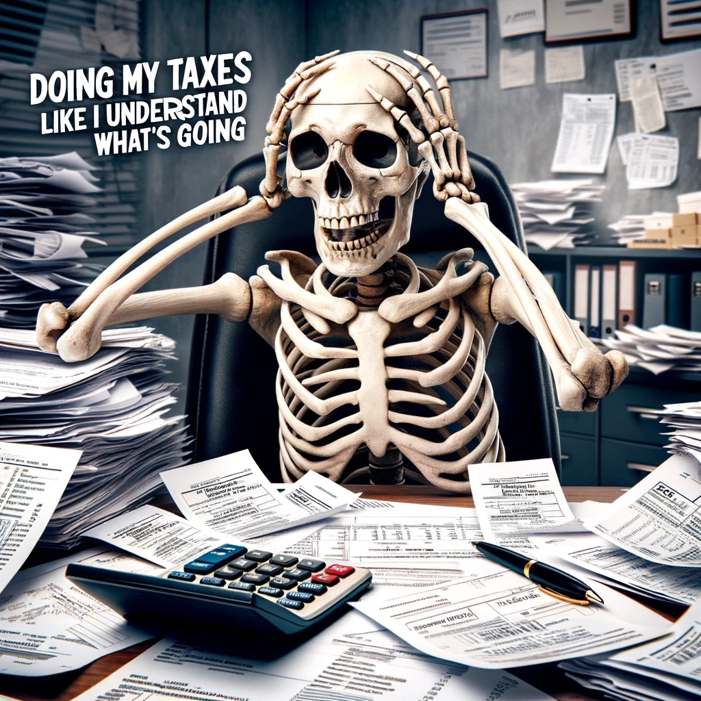 A skeleton surrounded by papers and a calculator, scratching its head with a pen, in an office environment filled with tax forms, receipts, and financial documents. The scene is chaotic, with paperwork everywhere, suggesting the overwhelming task of tax preparation. The skeleton's expression, one of confusion and bewilderment, captures the universal dread and complexity of doing taxes. The caption humorously states, "Doing my taxes like I understand what's going on." This image taps into the common sentiment towards tax season, using humor to highlight the confusion and complexity often felt during this annual ritual.