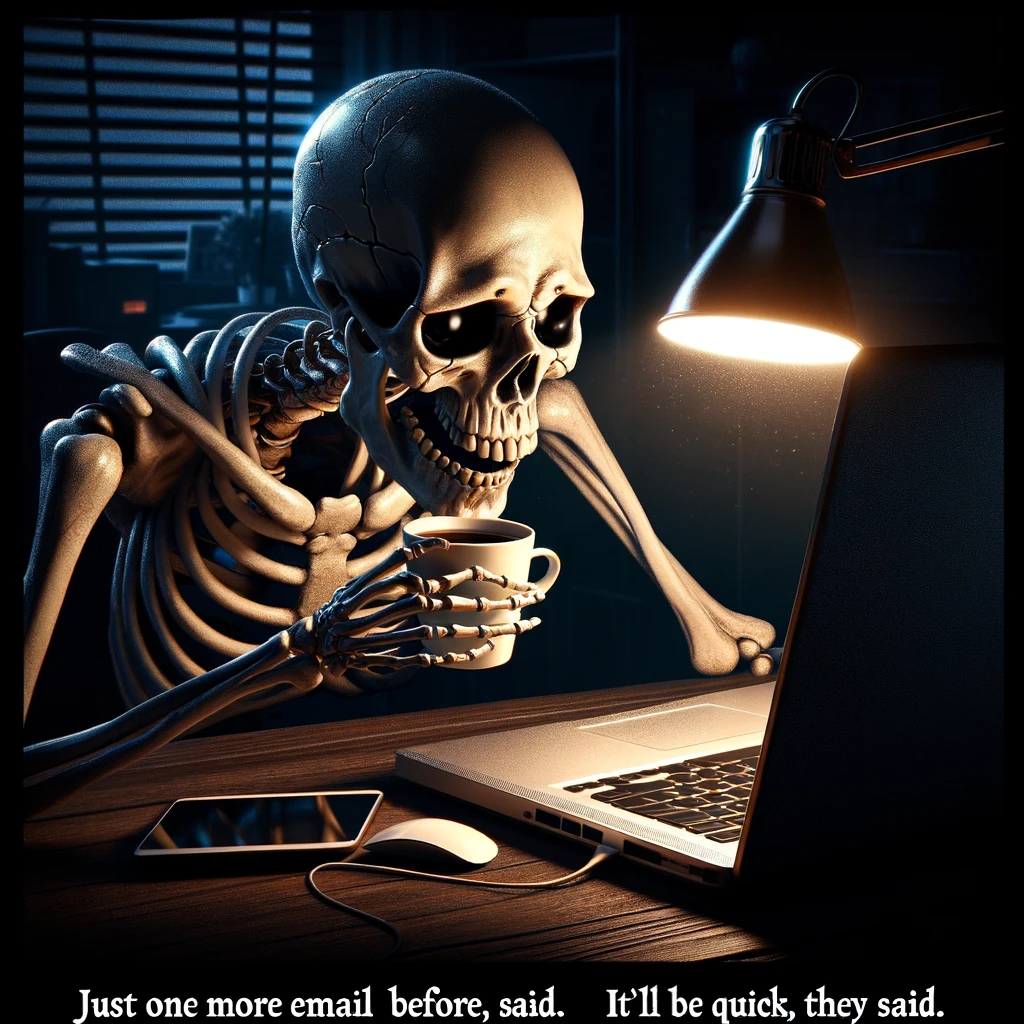 A skeleton holding a cup of coffee, with droopy eye sockets, sitting in front of a laptop late at night. The room is dimly lit, suggesting a late work session, with the glow of the laptop screen casting light on the skeleton's face. The scene conveys a feeling of exhaustion, with the skeleton trying to stay awake to finish work. The coffee cup is humorously inadequate in the face of overwhelming tiredness. The text reads, "Just one more email before bed, they said. It'll be quick, they said." This image captures the late-night grind many experience, humorously portrayed by a skeleton who is clearly beyond the point of tiredness.