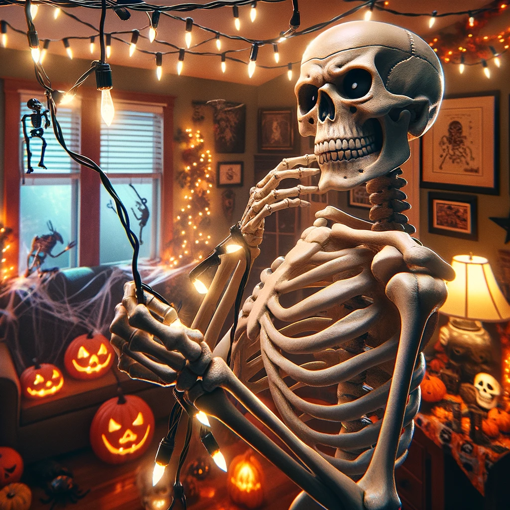 A skeleton hanging up Halloween decorations in a house, looking confused as it holds a string of lights and examines a decoration resembling a skeleton. The room is filled with Halloween-themed decorations, including pumpkins, cobwebs, and spooky lighting. The skeleton's posture and expression, as much as a skeleton can express, convey a humorous sense of confusion, as if pondering its own existence in relation to the decorations. The caption reads, "When you're not sure if you're the decoration or the decorator." This image plays on the humorous idea of a skeleton preparing for Halloween, blurring the lines between being a part of the decorations and setting them up.