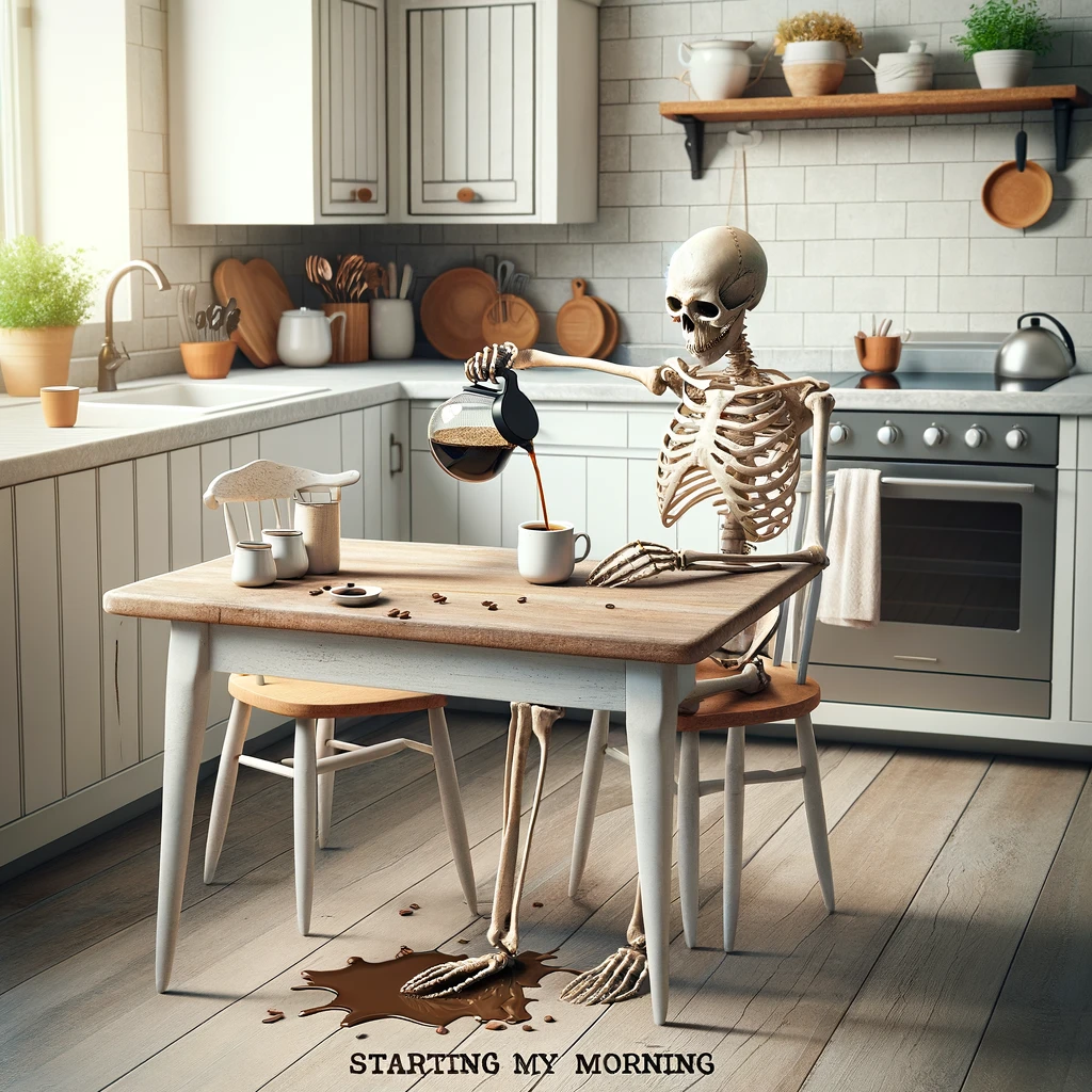 A skeleton sitting at a kitchen table, pouring a cup of coffee that goes right through it and onto the floor, in a bright, cozy kitchen setting. The scene captures a humorous and slightly surreal moment, emphasizing the contrast between the mundane task of starting one's day with coffee and the skeleton's inability to drink it. The caption, 'Starting my morning like I have all the time in the world,' is displayed at the bottom in a playful, modern font. The overall atmosphere is light-hearted, with a touch of irony.