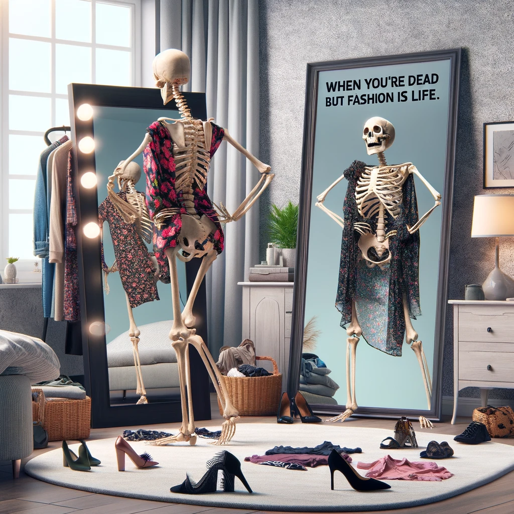 A skeleton trying on different outfits in front of a mirror, with clothes draped over its bony frame. The setting is a stylish, modern bedroom with a large mirror reflecting the skeleton's attempt to fit into various fashionable garments. The scene is humorous and whimsical, highlighting the skeleton's enthusiasm for fashion despite its skeletal form. The caption, 'When you're dead but fashion is life,' is prominently displayed in a chic, contemporary font at the bottom. The image conveys a playful juxtaposition between the concept of death and the liveliness of fashion.