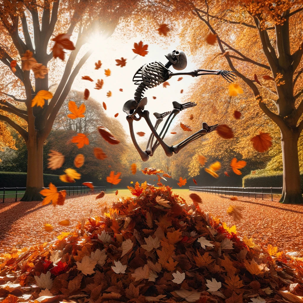 A skeleton jumping into a pile of autumn leaves, scattering them everywhere, in a picturesque park setting with trees displaying vibrant fall colors. The image captures the joy and playfulness of the moment, contrasted with the skeletal form of the character, adding a humorous and surreal touch. The caption, 'Trying to enjoy fall vibes when you're basically part of the decor,' is cleverly placed at the bottom, enhancing the lighthearted feel of the scene. The composition is dynamic, emphasizing the motion of the leaves and the skeleton's dive, creating a sense of whimsy and fun.