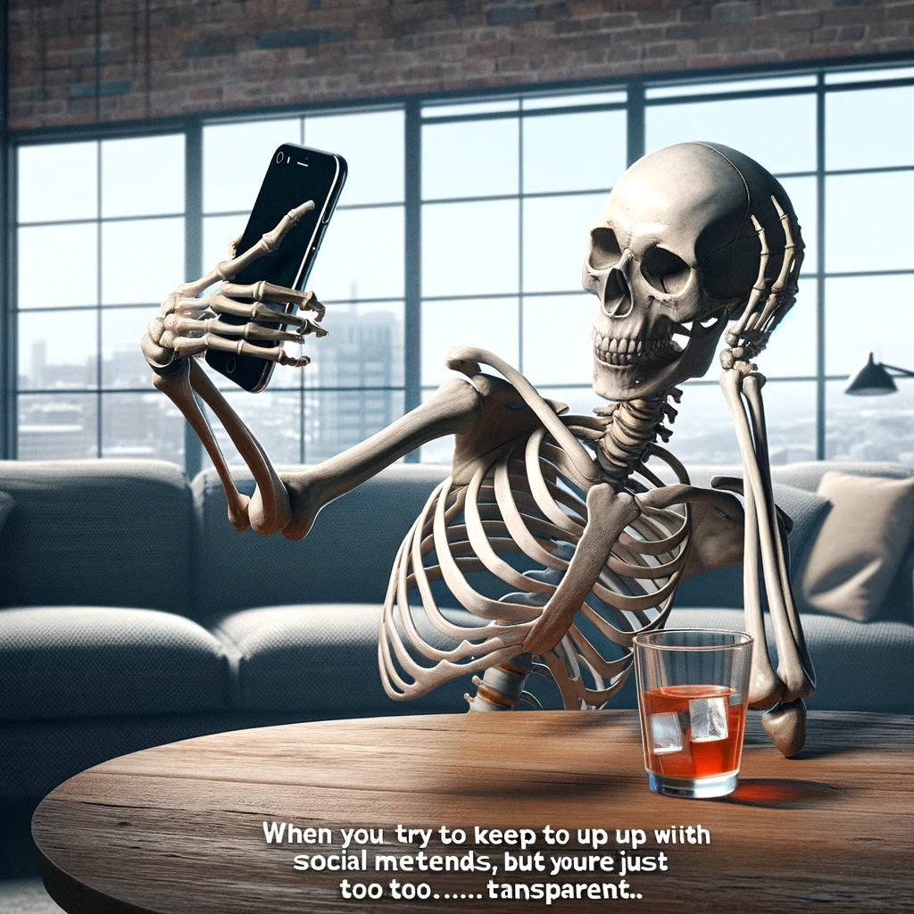 A skeleton attempting to take a selfie with a smartphone, but the phone captures right through to the background, in a modern, urban setting. The scene is humorous, showcasing the skeleton's attempt to engage with current social media trends despite its transparent nature. The caption, 'When you try to keep up with social media trends but you're just too... transparent,' is displayed in a witty and contemporary font at the bottom. The image cleverly plays on the idea of transparency and the challenge of being seen in a digital age, all while maintaining a light and playful tone.