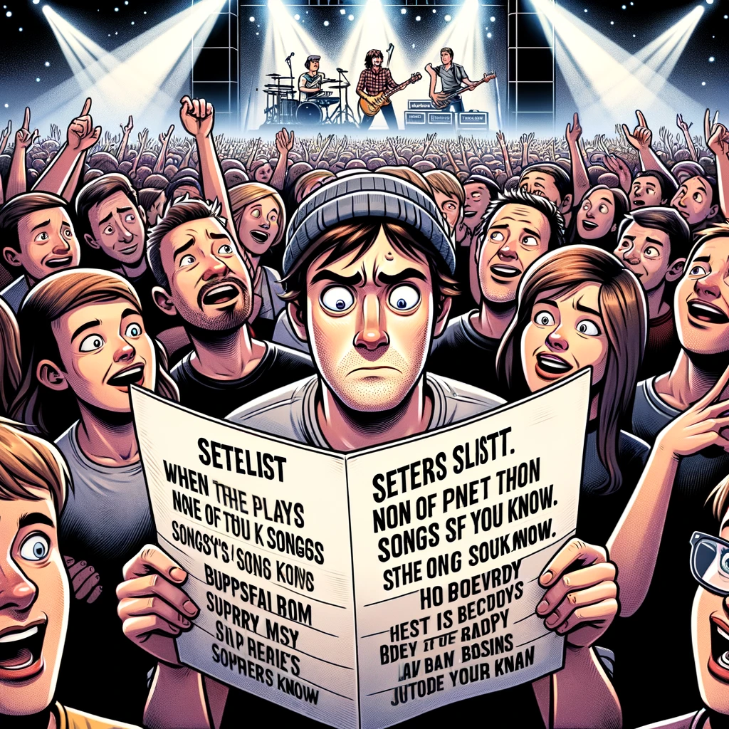 A fan holding a setlist at a concert, looking confused and surprised. The fan is surrounded by other concertgoers, all of whom are cheering and enjoying the music. The fan is examining the setlist with a puzzled expression, as if trying to recognize any of the songs. Above the image is a caption that reads, "When the band plays none of the songs you know." The background shows a concert stage with lights and musicians performing, creating a lively concert atmosphere.