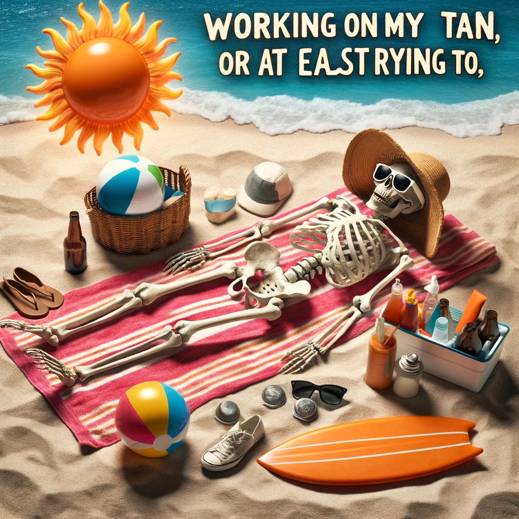 A skeleton lying on a beach towel under the sun, with a sunhat and sunglasses, on a sunny beach scene. The skeleton attempts to absorb the sun's rays, surrounded by typical beach accessories like a beach ball and a cooler, creating a humorous contrast between its skeletal form and the beachgoer's pursuit of a tan. The caption, 'Working on my tan, or at least trying to,' is placed at the bottom in a light-hearted and playful font, emphasizing the irony of the situation. The image combines elements of summer fun with the whimsical idea of a skeleton trying to partake in human activities, underlining the jest.