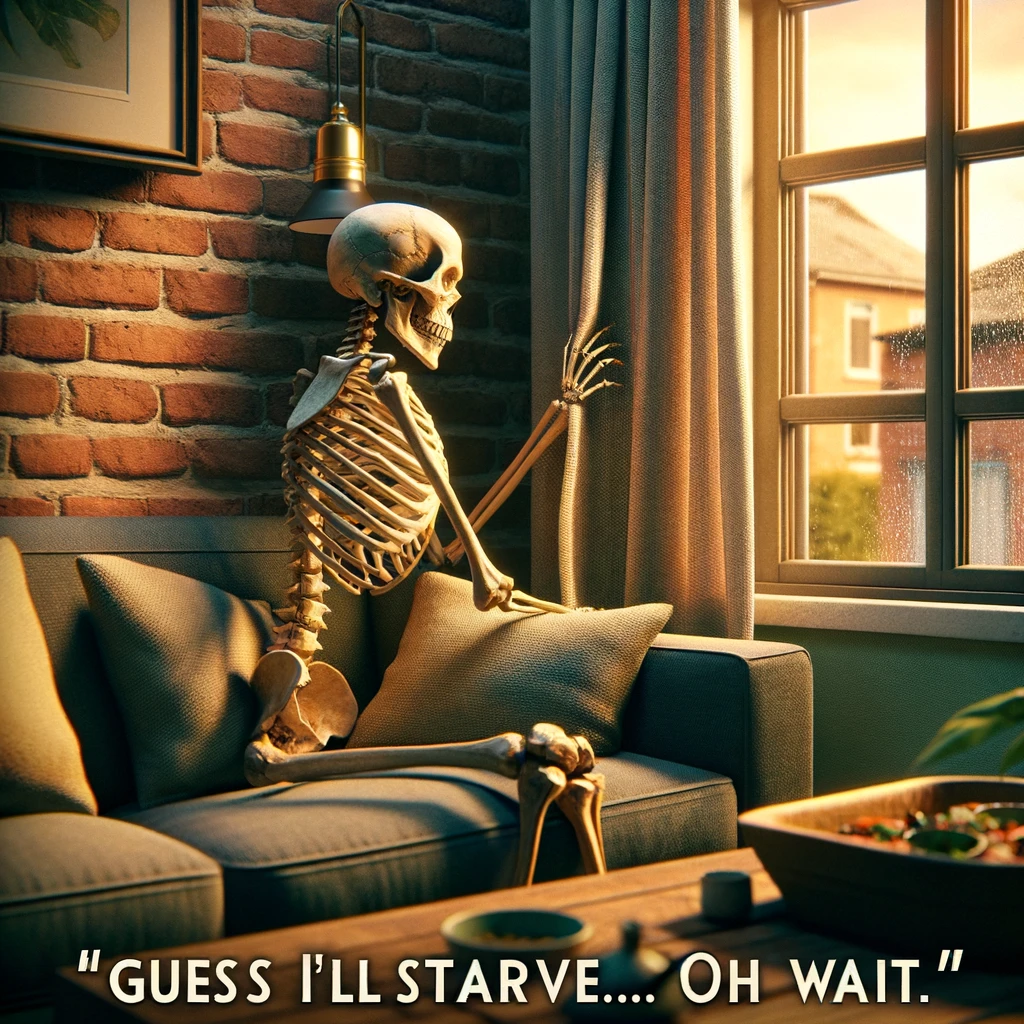 A skeleton looking out the window, waiting for a food delivery that's late, in a cozy living room setting. The scene is imbued with a sense of anticipation and a touch of irony, as the skeleton peeks through curtains, embodying the universal experience of waiting for a meal delivery. The caption, 'Guess I'll starve... Oh wait,' is featured at the bottom in a humorous font, adding a layer of dark humor to the image. The juxtaposition of the skeleton's eternal patience with the fleeting nature of hunger creates a whimsically morbid yet relatable scenario, making light of the concept of waiting.