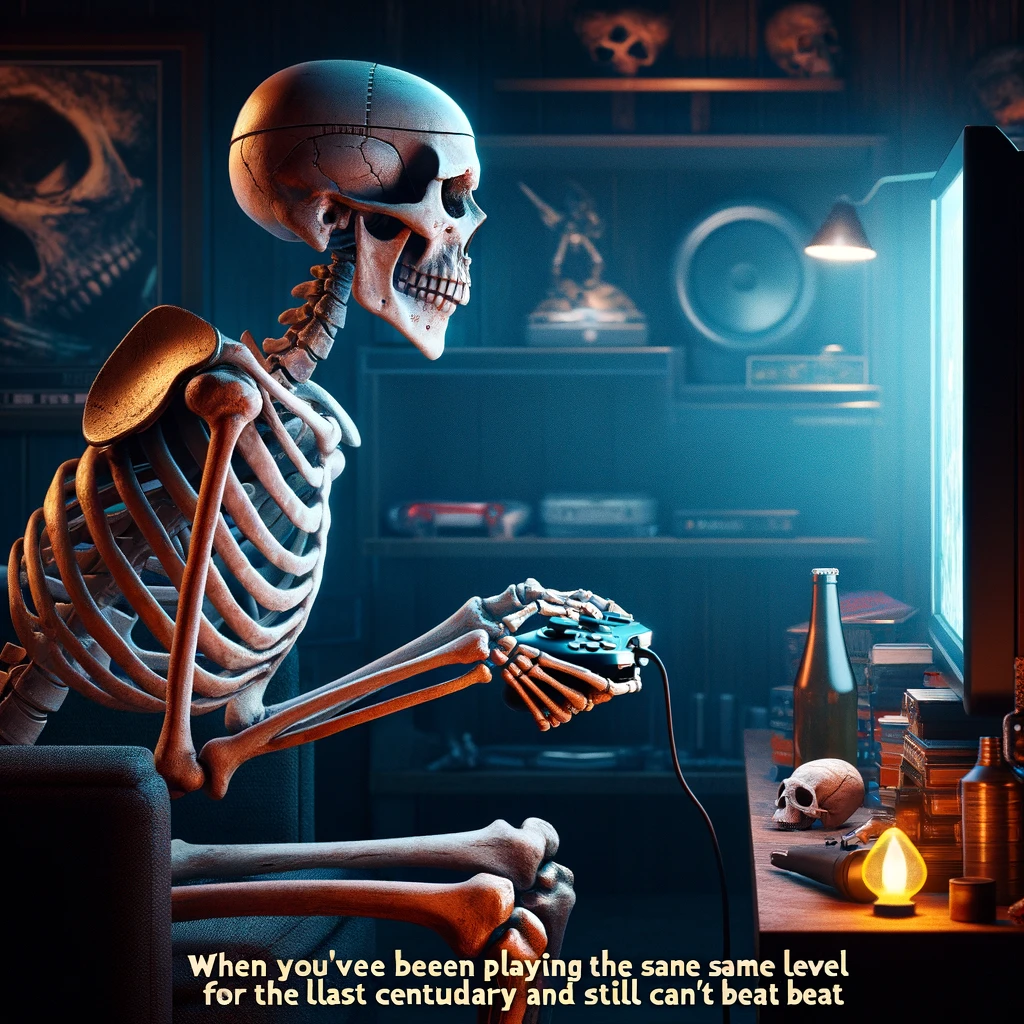 A skeleton with a game controller, intensely focused on a TV screen, in a dimly lit room filled with gaming memorabilia. The skeleton's posture and concentration mirror that of a dedicated gamer, engaged in a challenging level of a video game. The caption, 'When you've been playing the same level for the last century and still can't beat it,' is humorously placed at the bottom, reflecting the skeleton's endless perseverance and the timeless nature of gaming challenges. The scene combines elements of modern gaming culture with a whimsical take on the concept of time and dedication, emphasizing the skeleton's undying passion for video games.