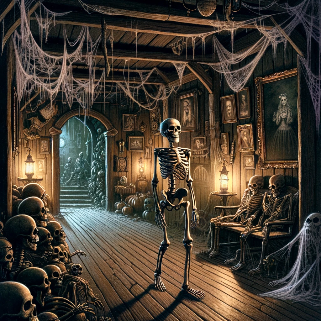 A skeleton walking through a haunted house attraction, unimpressed by the scares, in a dimly lit, spooky corridor filled with typical haunted house elements like cobwebs, eerie portraits, and flickering lights. The skeleton, embodying a calm and collected demeanor amidst the staged horror, creates a humorous contrast to the intended scare factor of the attraction. The caption, 'Visiting the relatives,' is cleverly included at the bottom in a gothic-style font, adding a layer of dark humor to the image. This scene plays on the idea of a skeleton being in its element in a haunted house, unfazed by the attempts to scare, and instead, finding it a familiar and somewhat nostalgic environment.