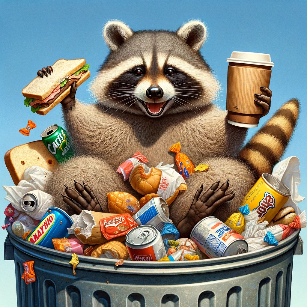 Imagine a delighted raccoon sitting comfortably inside an overflowing trash can. This raccoon is surrounded by items it considers treasures, such as shiny candy wrappers, half-eaten sandwiches, and a discarded soda can. In its paws, it proudly holds up a used coffee cup like a trophy, showcasing its joy in finding such "valuable" items. The scene captures the essence of a raccoon's happiness in the simple pleasures of scavenging, emphasizing the humorous notion of trash being a raccoon's treasure.