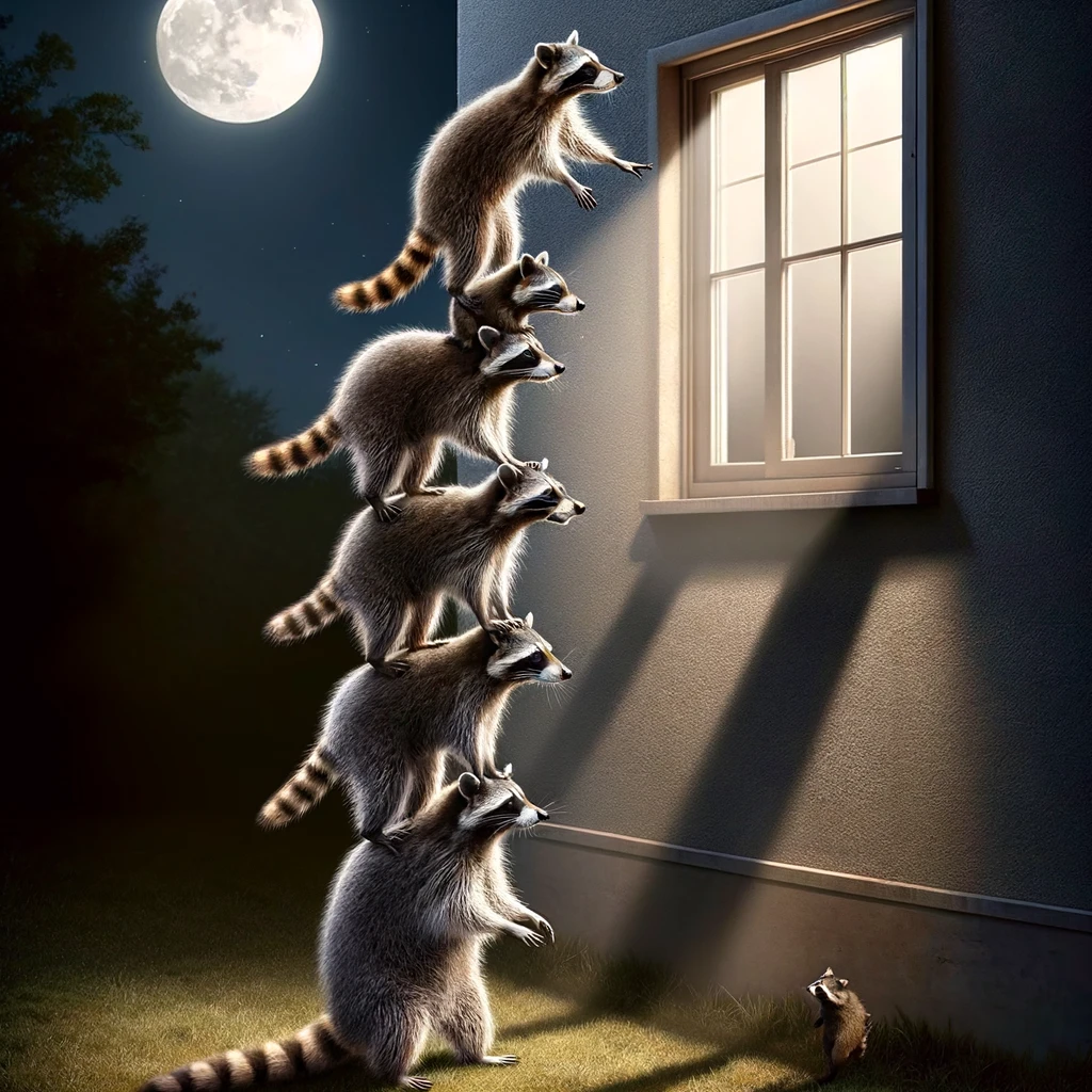 Visualize a clever team of raccoons stacked atop one another, forming a living tower to reach a window sill. The raccoon at the very top is just managing to grab onto the sill, poised to pull itself through the window into the great unknown. Below, its accomplices stand on each other's shoulders, looking up with anticipation and excitement. The scene is perfectly captioned "Teamwork makes the dream work," highlighting their collective effort in achieving what seems like an impossible escape route. The moonlight subtly illuminates their furry tower, casting long shadows and adding to the adventurous atmosphere of their nighttime escapade.