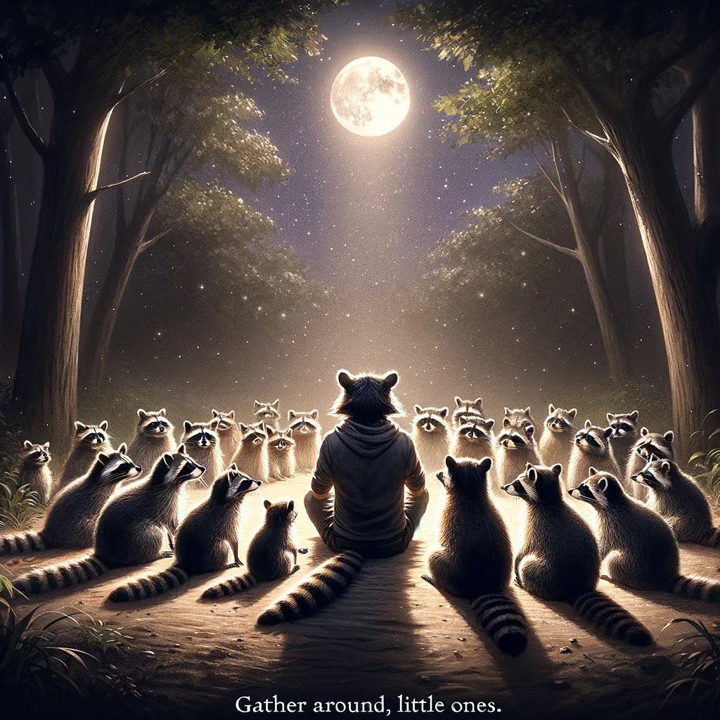 Picture a serene night scene where a person is seated on the ground outside, surrounded by a group of attentive raccoons. The raccoons are all looking up at the person with adoration, as if hanging on every word of the stories being told. Above them, the moon casts a gentle glow, adding to the magical atmosphere of this intimate gathering. The caption "Gather around, little ones" adds a heartwarming touch, emphasizing the bond between the person and the raccoons. This scene encapsulates a moment of harmony between humans and wildlife, framed by the natural beauty of the night.