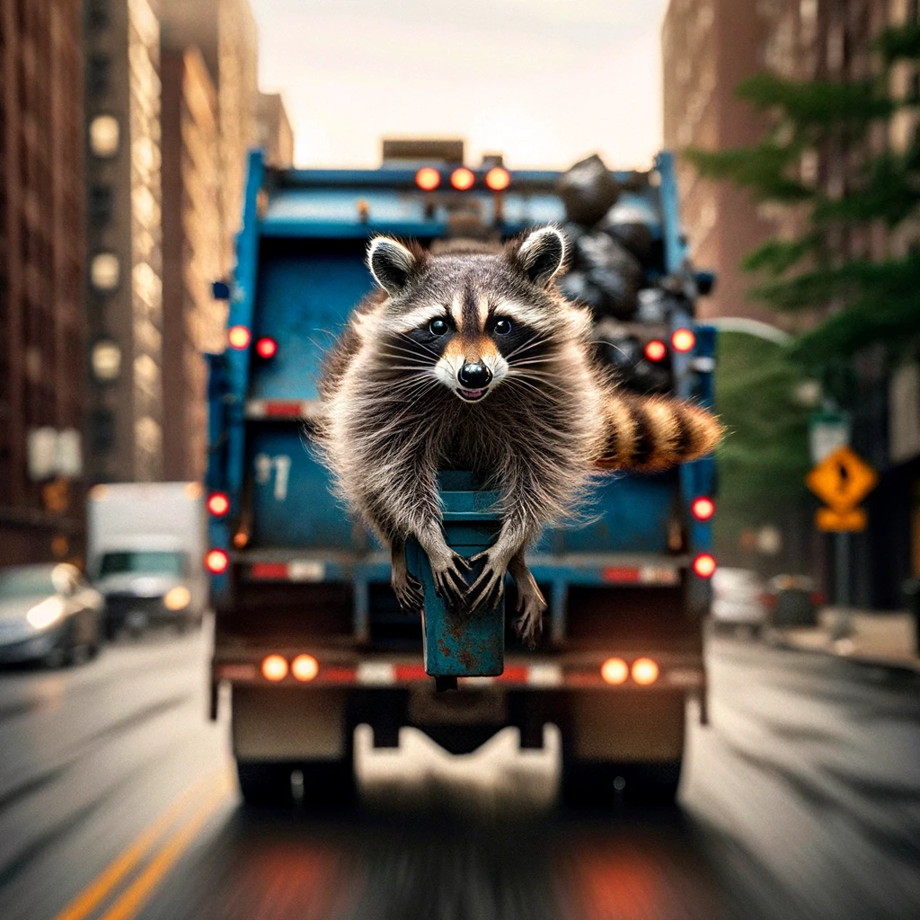 Envision a raccoon experiencing the thrill of adventure, perched atop a speeding garbage truck. The wind ruffles its fur, and its expression is one of pure exhilaration. This daring raccoon looks as though it's having the time of its life, embodying the spirit of freedom and the joy of the ride. The background blurs to emphasize the speed, with trash bins and early morning streets whizzing by. The caption "Catch me if you can!" perfectly captures the raccoon's cheeky defiance and the exhilarating moment of its unconventional joyride.