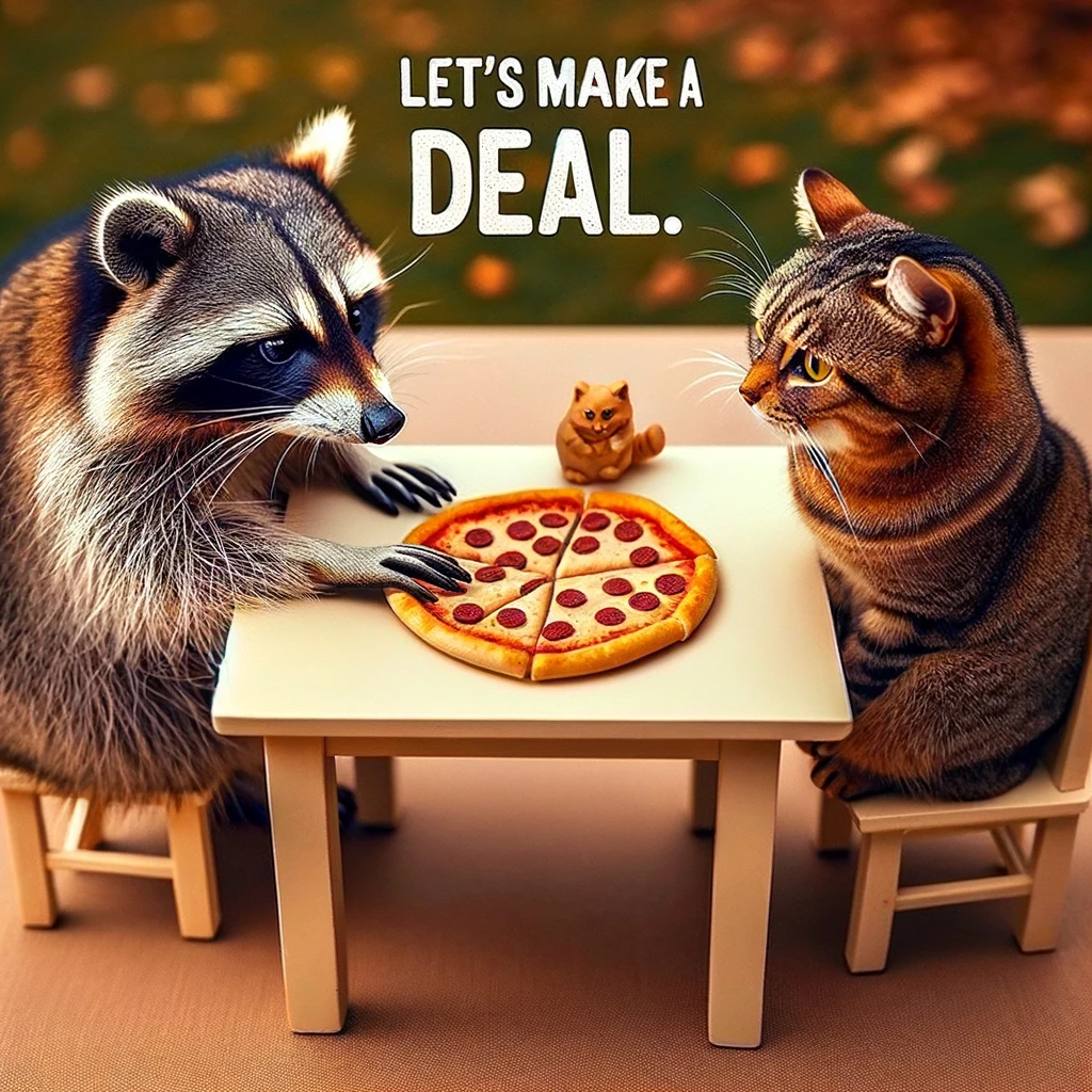 Picture a scene of high-stakes negotiation taking place at a miniature table. A raccoon and a cat sit opposite each other, their expressions serious and focused. Between them is a single piece of pizza, the subject of their intense discussion. The raccoon, ever the strategist, is pushing forward a tiny chip as if making a trade offer, suggesting a deal is in the works. The setting is quaint yet comical, capturing the absurdity of the situation. The caption "Let's make a deal" humorously underscores the diplomatic efforts of our furry friends, adding a layer of wit to the already amusing scenario.