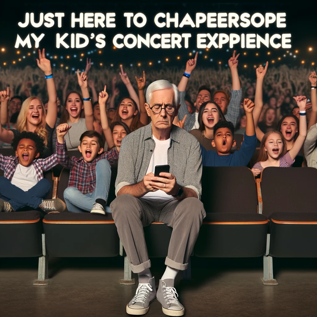 An older, disinterested parent sitting amidst enthusiastic fans at a concert. The parent is wearing casual, non-concert attire and looks bored or distracted, possibly checking their phone. Around them, younger fans are cheering, dancing, and taking photos, fully engaged in the concert experience. The caption above reads, "Just here to chaperone my kid's concert experience." The setting is an indoor concert hall with a stage and colorful stage lighting in the background.