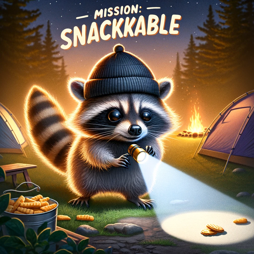 Imagine a raccoon donned in a tiny burglar hat, tiptoeing around a campsite with a flashlight in its paw. The raccoon is on a mission, eyes wide with focus as it searches for snacks. The flashlight beam cuts through the darkness, highlighting its determination and the stealth required for this snackable mission. The surrounding tents and campfire set the scene for this nocturnal adventure. The caption "Mission: Snackable" adds a playful note to the raccoon's earnest and sneaky efforts to procure a midnight feast, embodying the essence of a light-hearted heist.