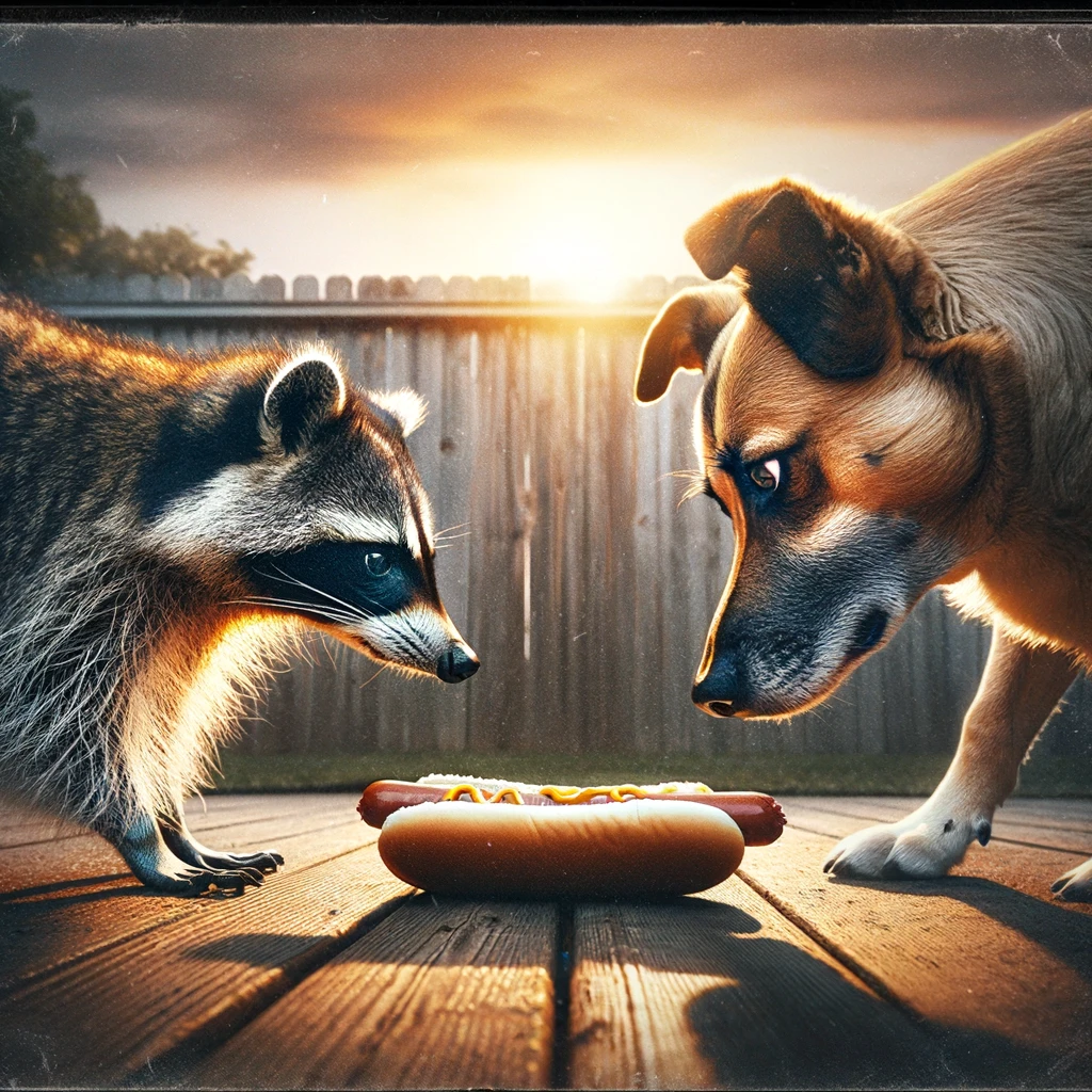 Visualize a tense moment in the backyard where a raccoon and a dog are locked in a standoff, eyes fixed on each other with intense focus. Between them lies a dropped hotdog, the prize they both seek. The atmosphere is charged with suspense, reminiscent of a wild west duel under the setting sun. Both the raccoon and the dog seem ready to pounce at any moment, each determined to claim the hotdog for themselves. The caption "In the wild west of backyards" perfectly encapsulates the drama and humor of this suburban showdown, highlighting the stakes of this epic confrontation over a simple treat.