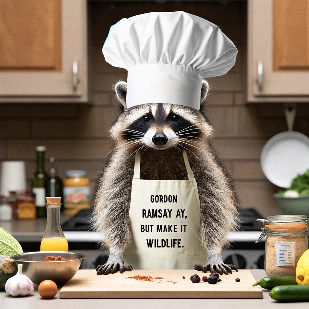 A raccoon in a chef's hat and apron stands on a kitchen counter, surrounded by various ingredients scattered around. It looks determined, almost as if channeling the spirit of Gordon Ramsay but in a wildlife setting. This scene embodies a humorous and adorable attempt at cooking, showcasing the raccoon's ambition to master culinary arts despite its wild nature. Captioned 'Gordon Ramsay, but make it wildlife,' the image blends the world of professional cooking with the playful and mischievous character of a raccoon, creating a delightful and funny meme.