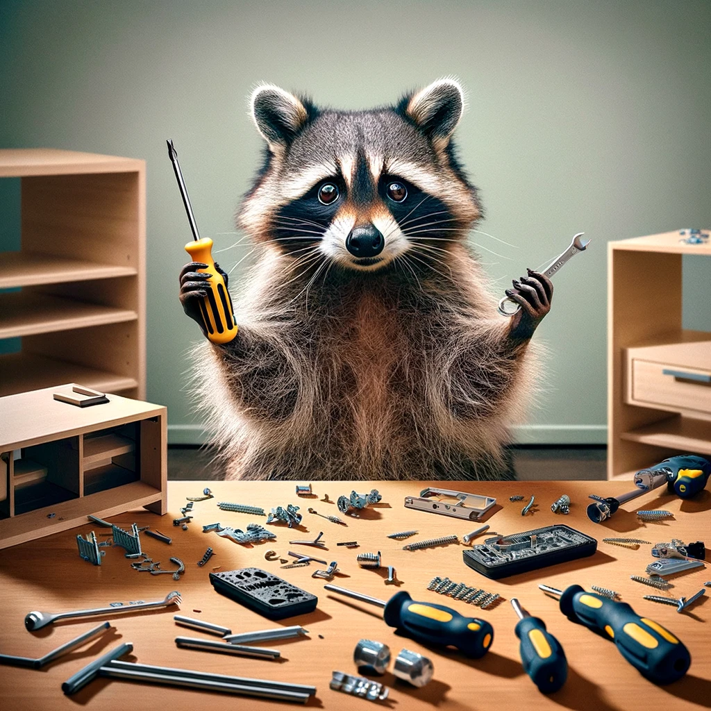 A raccoon holding a screwdriver in its paws, surrounded by disassembled gadgets and pieces, looking puzzled as if contemplating how to assemble them without instructions. The scene is humorously chaotic, embodying the raccoon's attempt at DIY mastery, reminiscent of an IKEA furniture assembly gone awry. This raccoon's puzzled expression and the scattered gadget pieces around it create a funny contrast, highlighting the challenges of following instructions made for humans. Captioned 'When you realize IKEA doesn't make instructions for raccoons,' the image mixes the theme of do-it-yourself projects with the animal's natural curiosity and mischievousness.