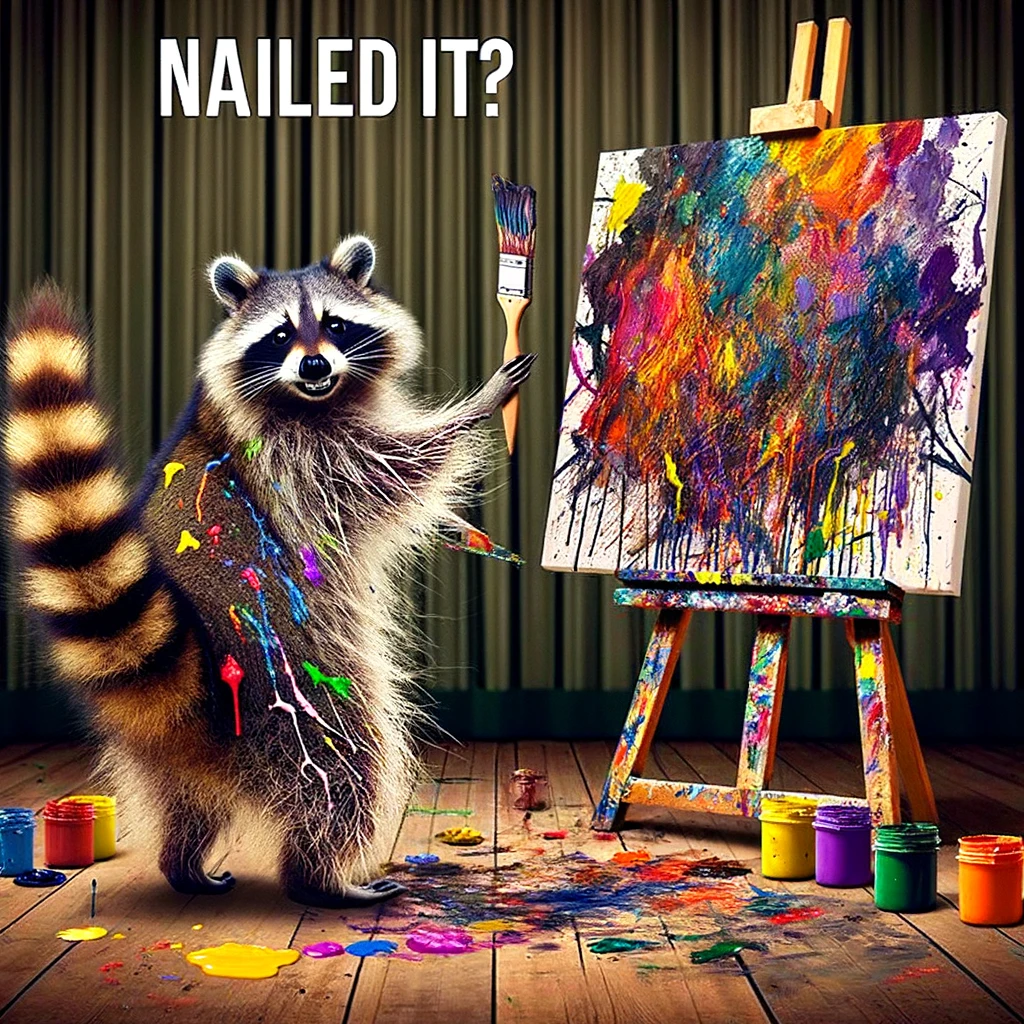 A raccoon with paint all over its fur, using its tail to hold a paintbrush, stands in front of a canvas that's a chaotic mix of colors. The scene captures the raccoon's pride in creating what it considers a masterpiece, embodying the essence of abstract art with a humorous twist. The raccoon's fur is splattered with paint, indicating a deeply immersive and somewhat messy creative process. The canvas displays an array of vibrant colors, showcasing the raccoon's unorthodox yet enthusiastic approach to art. Captioned 'Abstract art? Nailed it,' this image playfully explores the concept of artistic expression through the lens of a raccoon's wild and whimsical art session.