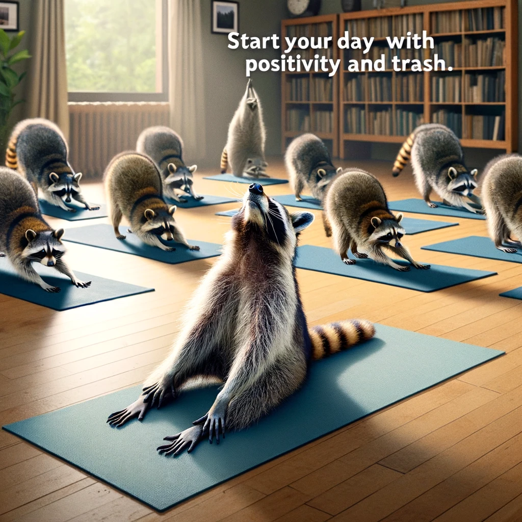 A raccoon stretching on a yoga mat, attempting to do a yoga pose with other raccoons in the background trying to mimic the pose. This scene captures a humorous take on fitness and wellness, with the raccoon serving as a 'fitness guru' for its peers. The raccoons' efforts to achieve the yoga pose, coupled with their determined expressions, offer a playful twist on the idea of starting the day with positivity. The setting implies a group exercise session led by the raccoon, highlighting the theme of wellness in a lighthearted manner. Captioned 'Start your day with positivity and trash,' the image blends the concepts of health, wellness, and the raccoon's notorious scavenging nature.