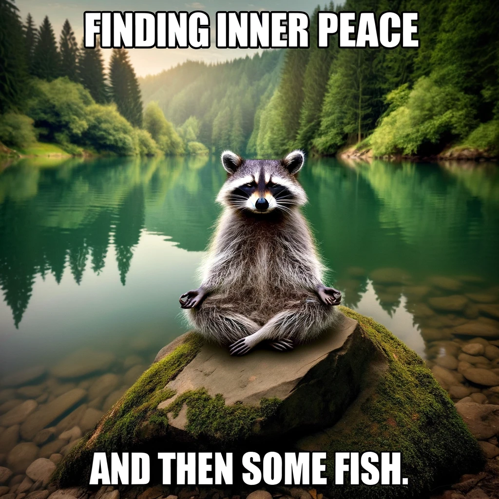 A raccoon sitting cross-legged on a rock by a serene lake, with its eyes closed and a peaceful expression. The setting is tranquil, surrounded by nature, embodying the essence of meditation and mindfulness. This raccoon, dubbed 'The Zen Master,' finds inner peace amidst the natural beauty, with the calm water and lush greenery enhancing the atmosphere of serenity. The image captures the humorous yet adorable attempt of a raccoon seeking enlightenment, or perhaps just enjoying a moment of quiet. Captioned 'Finding inner peace, and then some fish,' the meme cleverly combines the themes of tranquility and the raccoon's instinctive search for food, providing a delightful twist on the pursuit of Zen.