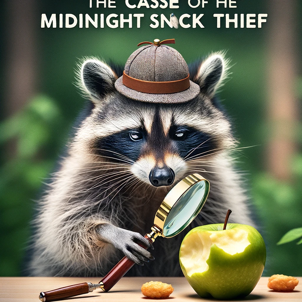 A raccoon wearing a detective hat and holding a magnifying glass, inspecting a clue, a half-eaten apple, with a serious expression. This scene portrays the raccoon as a detective, humorously investigating a case in a wildlife setting. The detective hat and magnifying glass add a classic detective element, while the half-eaten apple serves as a whimsical clue to the 'midnight snack thief' case. The raccoon's focused and serious demeanor contrasts with its natural mischievousness, creating a comical image. Captioned 'The case of the midnight snack thief,' the meme cleverly combines the theme of mystery with the playful nature of raccoons, offering a lighthearted take on detective work.