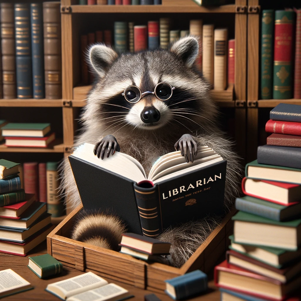 A raccoon sitting in a mini library, with tiny glasses on its nose, flipping through a book larger than itself. The scene is surrounded by piles of books, creating a cozy and intellectual atmosphere. This raccoon, dubbed 'The Librarian,' embodies the love for knowledge and reading, despite the humorous juxtaposition of a wild animal in a scholarly role. The tiny glasses add a touch of seriousness and charm, while the oversized book emphasizes the raccoon's curiosity and determination to learn. Captioned 'So many books, so little time,' the meme playfully explores the theme of endless curiosity and the pursuit of learning, with a whimsical twist that combines the raccoon's natural behavior with human-like scholarly interests.