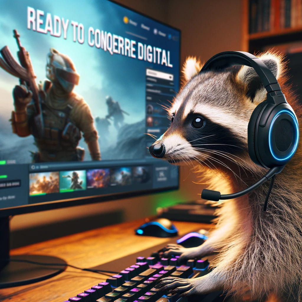 A raccoon intensely focused on playing video games, wearing a headset, in front of a large monitor. Its paws are on the controls, showcasing its dedication and concentration to conquering the digital world. The scene captures the raccoon's engagement in the game, mirroring the intensity of a human gamer ready for online battles. The headset adds a touch of authenticity to the gaming setup, emphasizing the raccoon's immersion in the virtual environment. Captioned 'Ready to conquer the digital world,' the meme humorously plays on the stereotype of gamers, with a raccoon taking on the role of a dedicated gamer, offering a funny and adorable twist on the gaming culture.