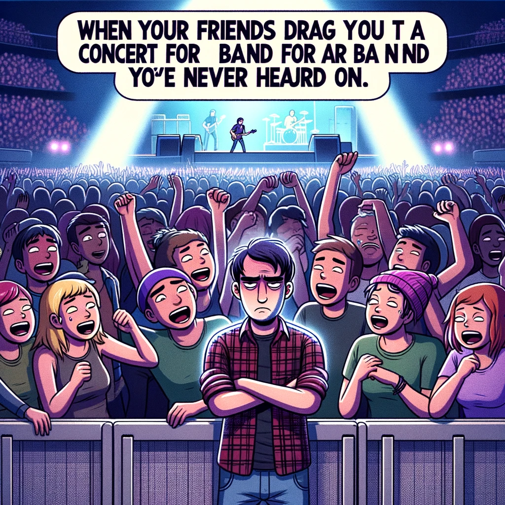 A single person looking bored and unimpressed in a crowd of excited fans at a concert. The person is standing with arms crossed and a disinterested expression, contrasting sharply with the surrounding fans who are cheering, dancing, and waving their hands in the air. A caption above the image reads, "When your friends drag you to a concert for a band you've never heard of." The background features a concert stage with vibrant lighting and a live performance happening.