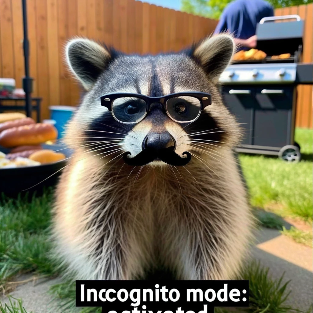 A raccoon disguised with a tiny pair of glasses and a fake mustache, sneaking around a backyard barbecue. This scene captures the raccoon in a humorous attempt at espionage, blending into the human environment in an adorable and comical fashion. The tiny glasses and fake mustache serve as the perfect 'disguise,' making the raccoon appear as if it's on a secret mission, despite being clearly visible. The backyard setting, with its casual barbecue atmosphere, contrasts with the raccoon's serious 'incognito mode' demeanor. Captioned 'Incognito mode: activated,' the meme playfully explores themes of stealth and disguise, with the raccoon's efforts to go unnoticed at the human gathering, adding a layer of humor to the image.