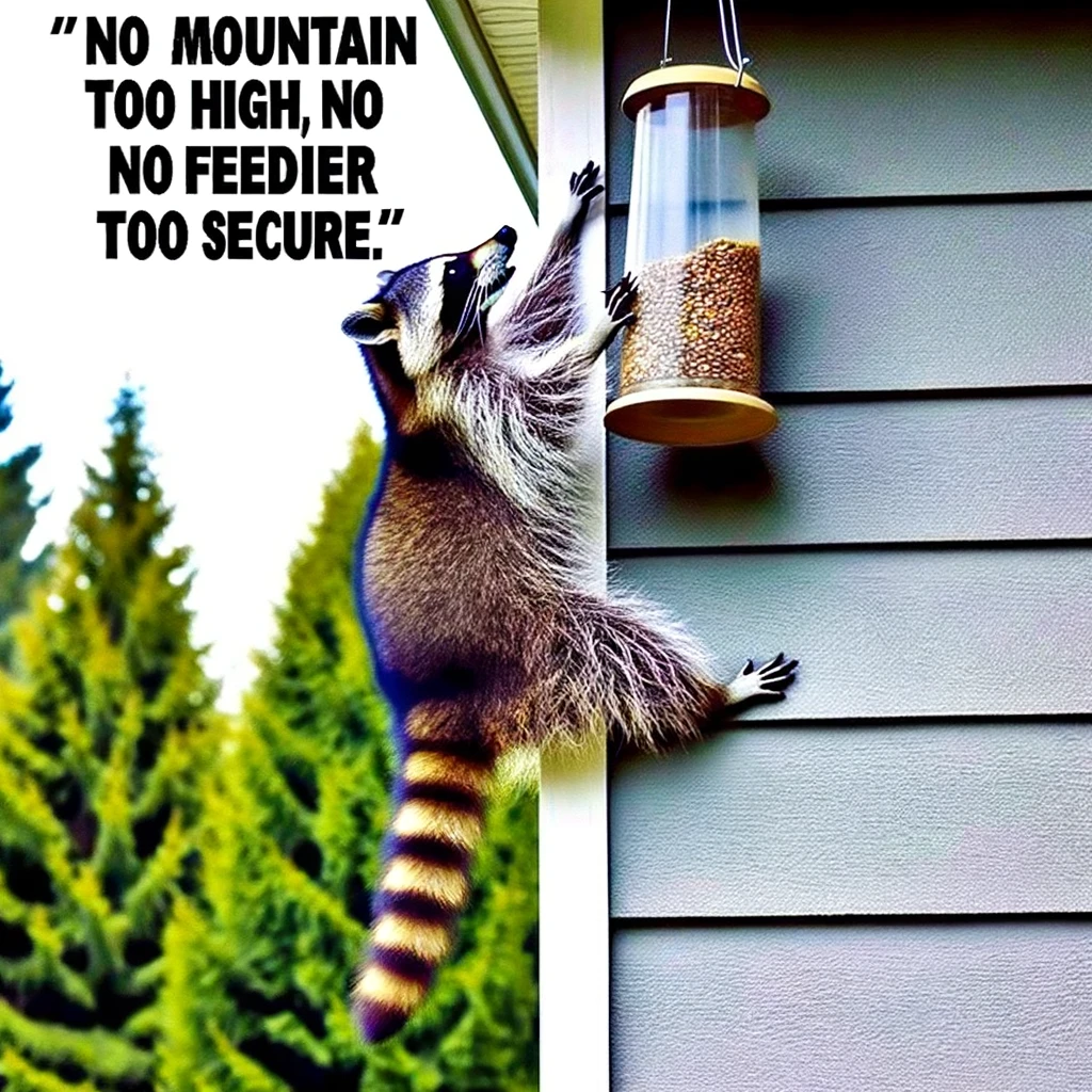 A raccoon scaling the side of a house with the agility of a seasoned climber, reaching for a bird feeder that's just out of reach. The raccoon's determined look showcases its adventurous spirit, embodying the essence of overcoming obstacles. The scene captures the raccoon's determination and skill, humorously juxtaposed with the mundane challenge of reaching a bird feeder. This acts as a metaphor for 'no mountain too high, no feeder too secure,' illustrating the raccoon's perseverance. The image, captioned with this phrase, highlights the humorous and adventurous side of raccoon behavior, as they navigate human environments with their natural climbing abilities.