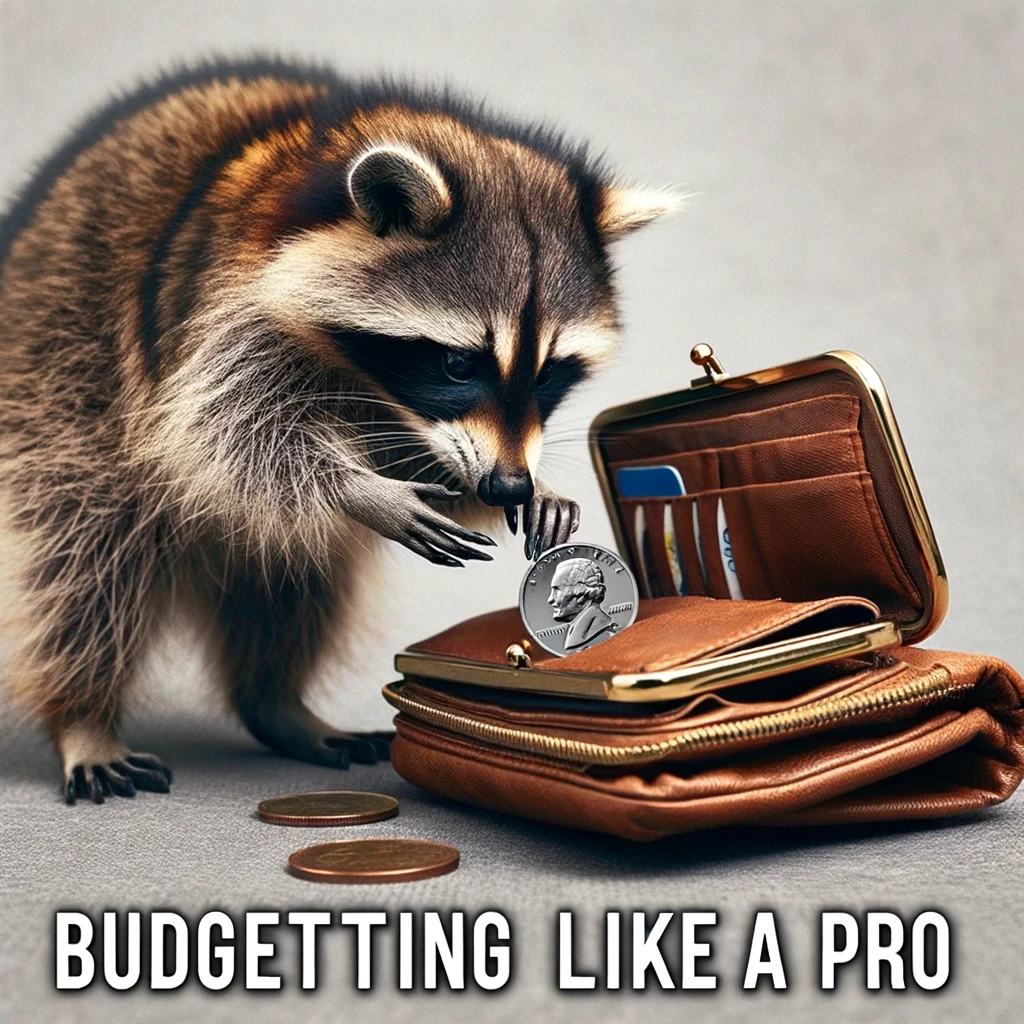 A raccoon standing inside an open purse or wallet it found, examining a shiny coin as if contemplating what to buy. This image captures the raccoon's thrifty nature, humorously anthropomorphizing it as a budget-conscious shopper. The open purse or wallet and the shiny coin symbolize the raccoon's interaction with human objects, adding a layer of humor to the scene. The raccoon's thoughtful expression, as it examines the coin, suggests a comedic take on financial decision-making. Captioned 'Budgeting like a pro,' the meme playfully explores themes of thriftiness and financial planning, with the raccoon's curious and meticulous inspection of the coin offering a funny twist on the concept of budgeting.