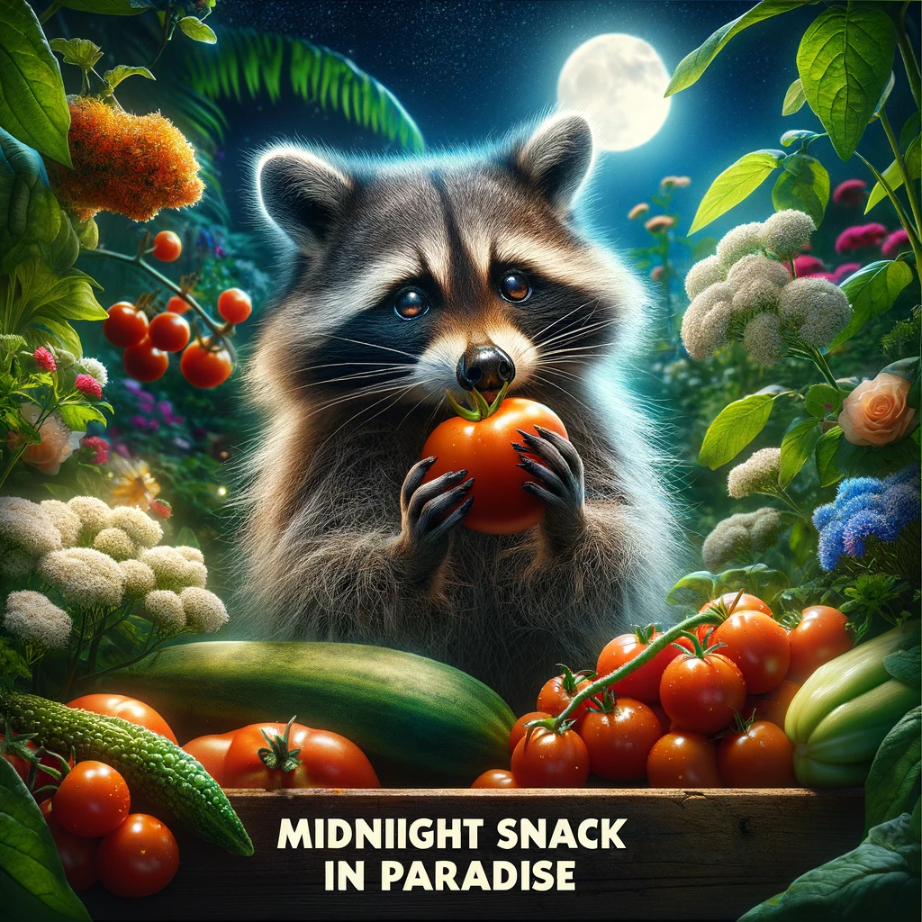 A raccoon hidden among the flowers and vegetables of a garden at night, nibbling on a freshly picked tomato, with an enchanted look on its face. This scene captures the raccoon's delight in discovering a secret garden, immersing itself in the simple joy of a midnight snack. The lush garden setting, illuminated by moonlight, adds a magical quality to the image, emphasizing the raccoon's connection with nature. The raccoon's enchanted expression, as it enjoys the tomato, conveys a sense of wonder and satisfaction. Captioned 'Midnight snack in paradise,' the meme humorously highlights the raccoon's nocturnal adventures, blending themes of secrecy, discovery, and the pleasure of finding unexpected treats in a garden setting.