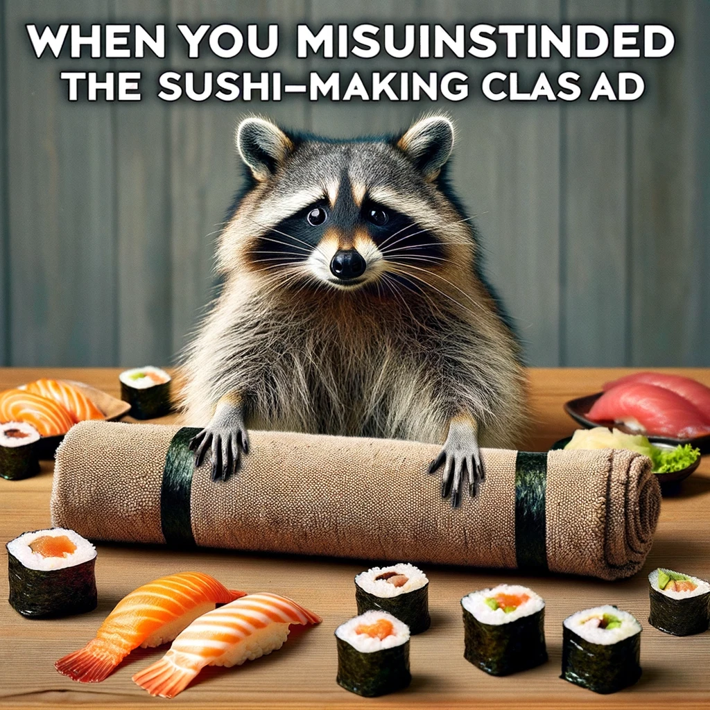 A raccoon rolling up a rug like sushi, looking confused but determined, surrounded by actual sushi ingredients. This humorous scene captures the raccoon's misunderstanding of a sushi-making class advertisement, resulting in a comical attempt to make sushi with unconventional materials. The raccoon's expression of confusion mixed with determination adds to the humor, emphasizing its earnest attempt to follow through despite the mix-up. The presence of actual sushi ingredients in the background contrasts with the raccoon's misguided effort, highlighting the comedic disparity between intention and execution. Captioned 'When you misunderstood the sushi-making class ad,' the meme playfully explores themes of misunderstanding, creativity, and the humorous outcomes of learning new skills.