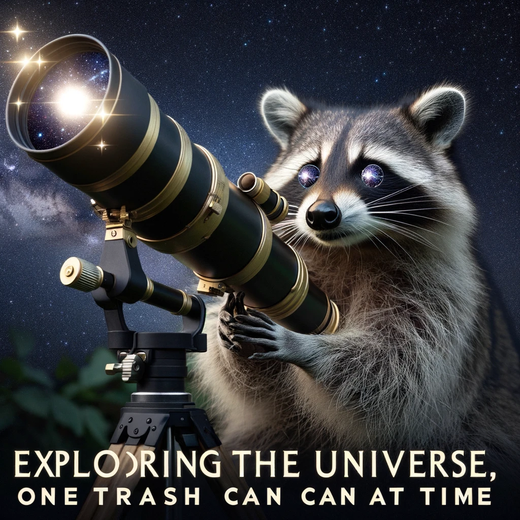 A raccoon peering through a telescope, pointed towards the night sky, with stars reflected in its eyes. This scene encapsulates the raccoon's curiosity and wonder as it explores the cosmos, humorously anthropomorphizing it as an amateur astronomer. The telescope, acting as a bridge between the raccoon and the vast universe, symbolizes the quest for knowledge and discovery. The reflection of stars in the raccoon's eyes adds a magical touch, emphasizing its awe and fascination with the night sky. Captioned 'Exploring the universe, one trash can at a time,' the meme playfully juxtaposes the raccoon's nocturnal scavenging habits with its newfound interest in astronomy, creating a humorous and endearing image of exploration and curiosity.