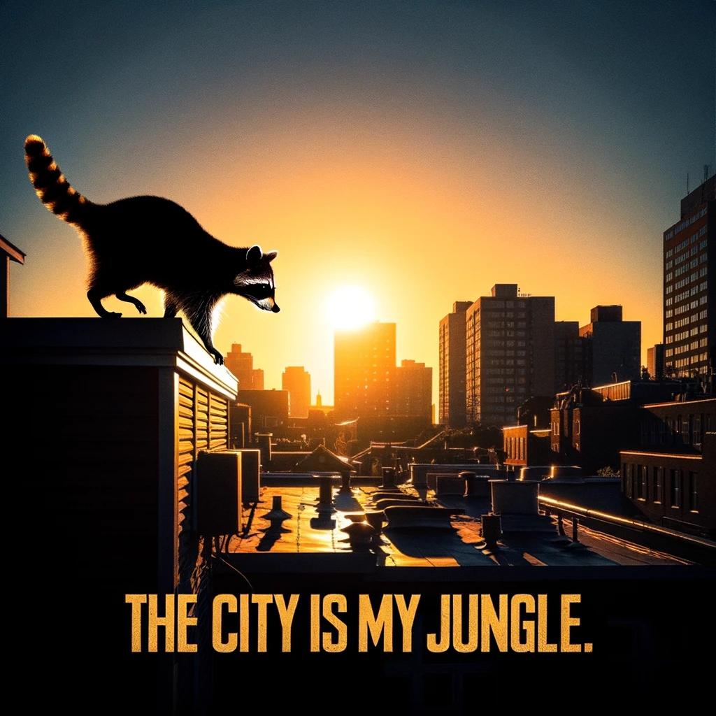 A raccoon navigating the rooftops of a city at dusk, silhouetted against the setting sun, looking adventurous. This image captures the essence of urban exploration from a raccoon's perspective, highlighting its agility and curiosity. The silhouette of the raccoon against the backdrop of the setting sun creates a striking visual, emphasizing the adventurous spirit of the raccoon as it traverses the urban jungle. The contrast between the natural instinct of the raccoon and the man-made environment it explores adds depth to the scene. Captioned 'The city is my jungle,' the meme explores themes of adventure, exploration, and the adaptability of wildlife in urban settings, offering a humorous and poignant reflection on the intersection of nature and civilization.