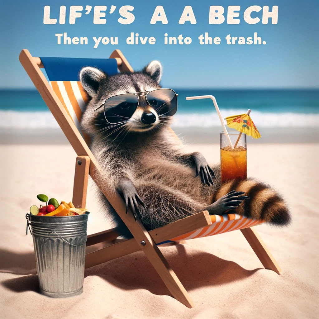 A raccoon lounging in a beach chair, wearing sunglasses, with a tiny umbrella drink beside it, looking completely relaxed. This scene captures the essence of a beach vacation but with a humorous twist featuring a raccoon as the main character. The raccoon's relaxed posture in the beach chair and the stylish sunglasses epitomize the ultimate chill vibe, while the presence of the tiny umbrella drink adds a touch of vacation luxury. The setting is a sunny beach, enhancing the laid-back atmosphere. Captioned 'Life's a beach, then you dive into the trash,' the meme playfully juxtaposes the idyllic beach setting with the raccoon's scavenging nature, creating a funny and adorable image that explores themes of relaxation, vacation, and the humorous reality of a raccoon's life.