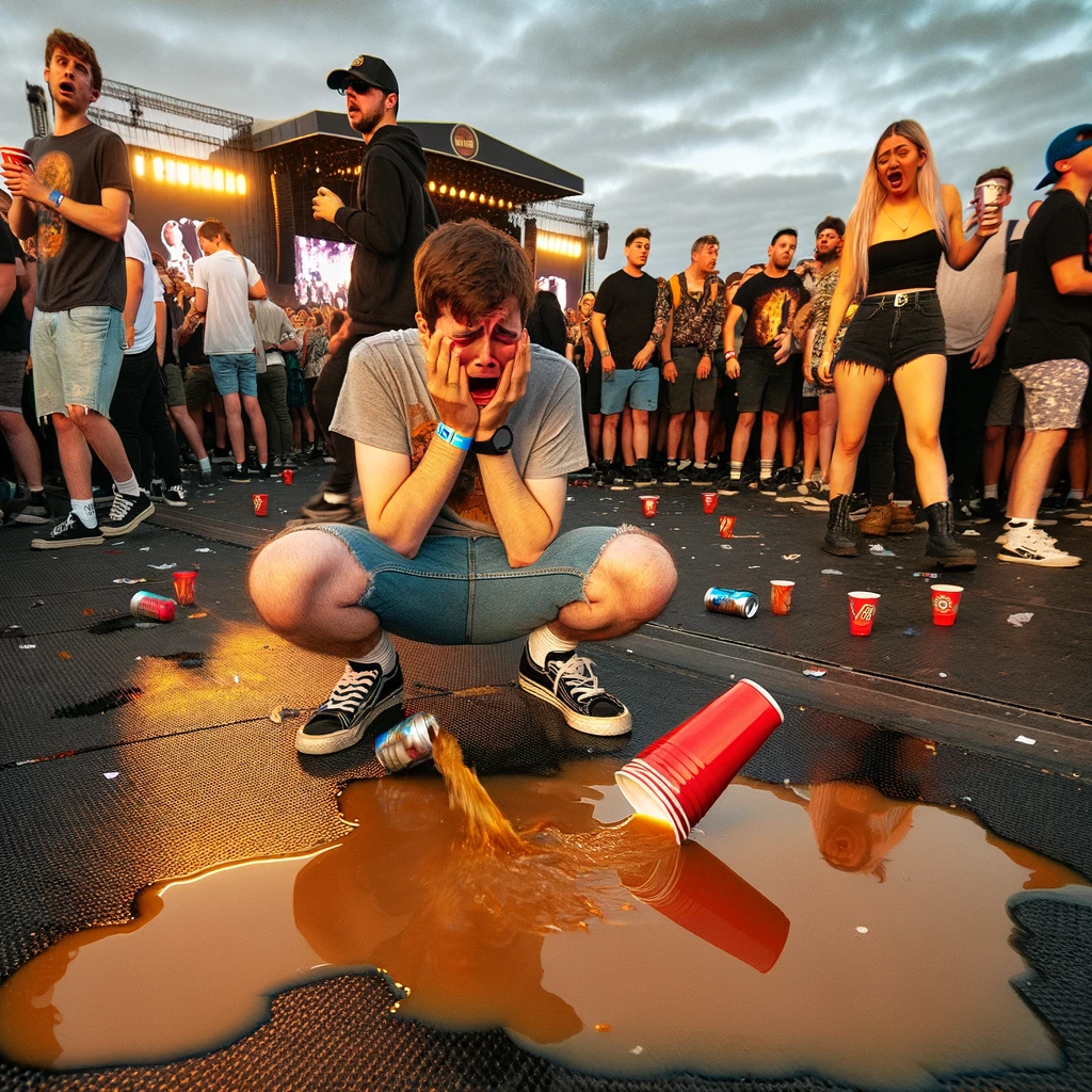 A person looking devastated as their drink spills in the middle of a concert crowd. The person is holding an empty cup, looking down at the spilled drink on the ground with a shocked and saddened expression. Surrounding concertgoers are stepping away from the spill, some with expressions of surprise. A caption above reads, "The most heartbreaking moment at any concert." The setting is an outdoor music festival with a stage and lights visible in the distance.