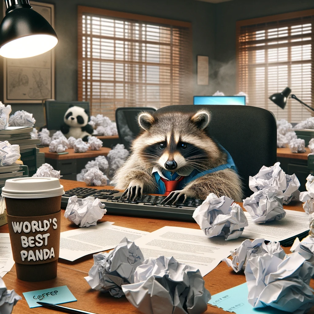 A raccoon sitting at a computer desk, looking frustrated as it types away, surrounded by crumpled papers, embodying the stress and chaos of office work. The scene is humorously relatable, with the raccoon's expression capturing the universal feeling of being overwhelmed by work. The presence of a coffee cup labeled 'World's Best Trash Panda' adds a whimsical touch, suggesting the raccoon's pride in its identity despite the mundane struggles of office life. The setting includes typical office elements, such as a computer, keyboard, and the disarray of papers, illustrating the raccoon's attempt to navigate the complexities of the human work environment. Captioned 'Just another day at the office,' the meme playfully explores the theme of work stress and the pursuit of recognition, with a lighthearted twist that combines the raccoon's natural behavior with the all-too-familiar human experience of office work.