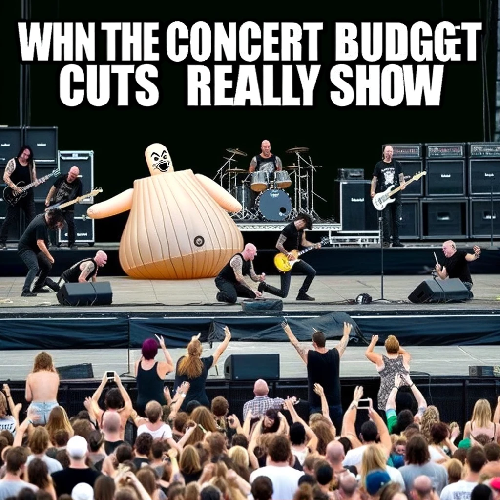 A funny scene where a stage prop malfunctions at a concert, such as an inflatable not inflating fully. The scene shows a stage with a partially inflated prop, looking comical and out of place. Band members and stage crew are seen reacting with various expressions of surprise and amusement. A caption above the image reads, "When the concert budget cuts really show." The concert setting is outdoors with a crowd in the foreground, looking on with mixed reactions of laughter and confusion.