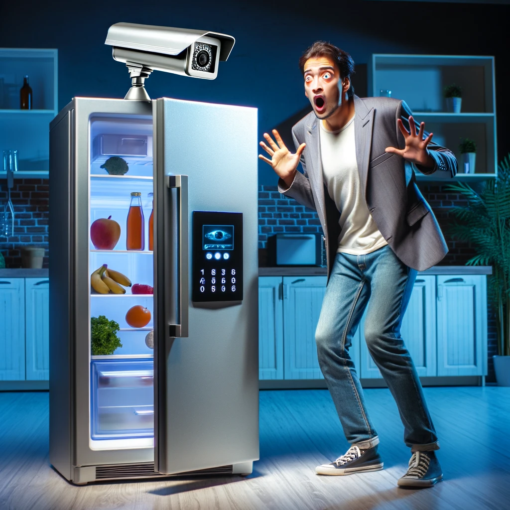 A shocked person standing in front of a high-tech fridge with a surveillance camera on top, in a humorous setting, suggesting the fridge is part of a surveillance network. The person's expression is one of surprise and disbelief, as if they've just discovered the fridge's secret. The fridge looks modern and sophisticated, with digital displays and possibly glowing lights, while the camera atop it looks like a typical surveillance device, adding to the comedic effect of the scene.