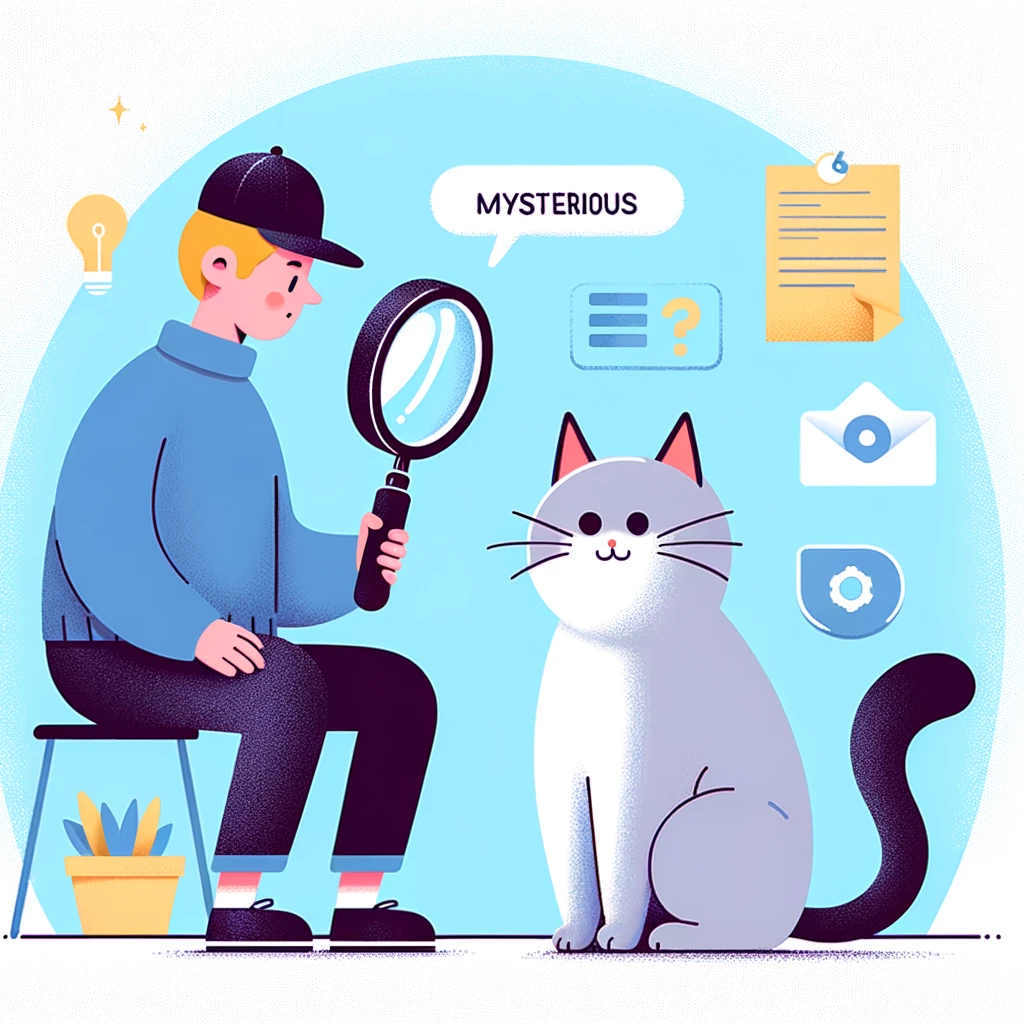 A person looking at their cat with a magnifying glass, while the cat sits nonchalantly, implying the cat's behavior is mysterious. The scene should have a whimsical and humorous feel, suggesting the cat is more intriguing than a typical mystery.