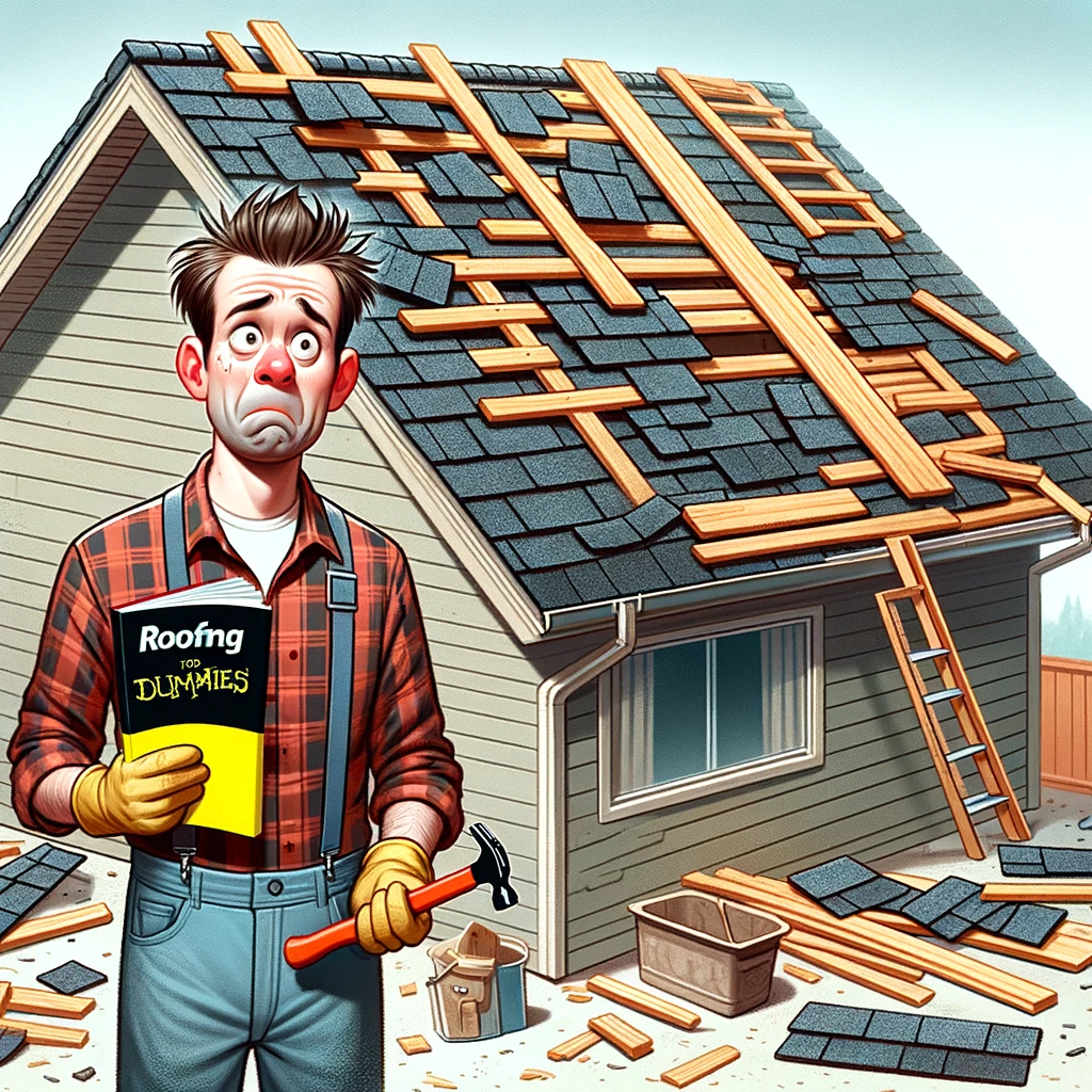 A homeowner standing next to a roof they've attempted to fix, with mismatched and haphazardly placed shingles, some upside down. The homeowner, looking confused, holds a hammer and a manual titled 'Roofing for Dummies'. The scene captures a humorous DIY roofing fail.